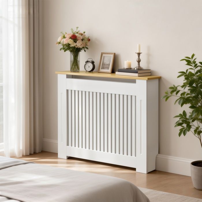 Cache-radiateur - UNHO - Couverture radiateur grille daération verticale à lattes - MDF - 112x20x83cm - Blanc