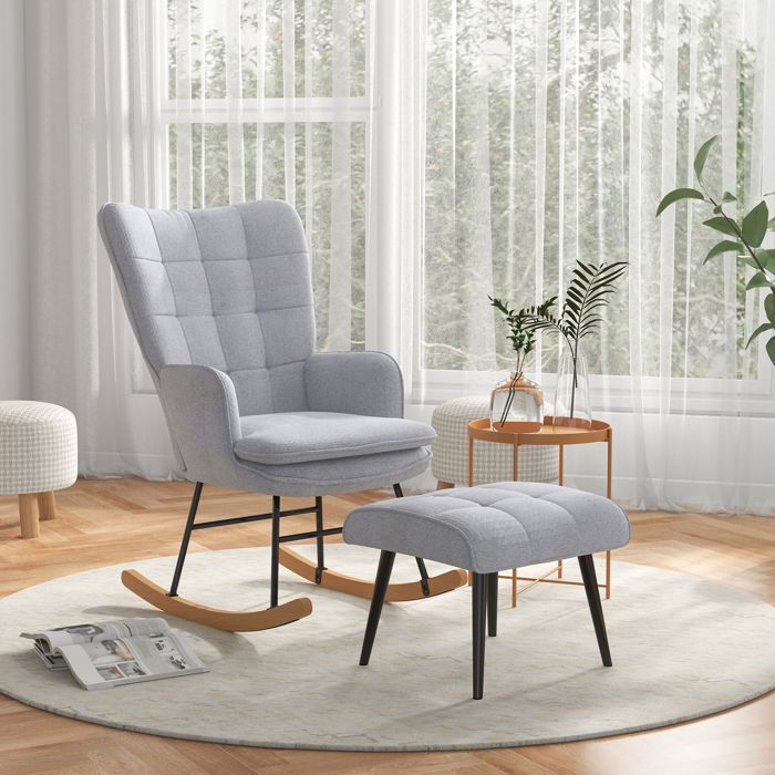 Fauteuil à bascule - avec repose-pieds - Gris clair - Dossier à oreilles - Rembourrage épais