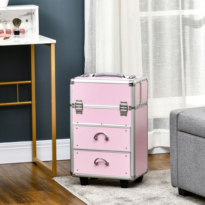 Valise de maquillage professionnelle - 36x23x58 cm - 6 tiroirs extensibles - verrouillage renforcé - roues et poignée rétractable