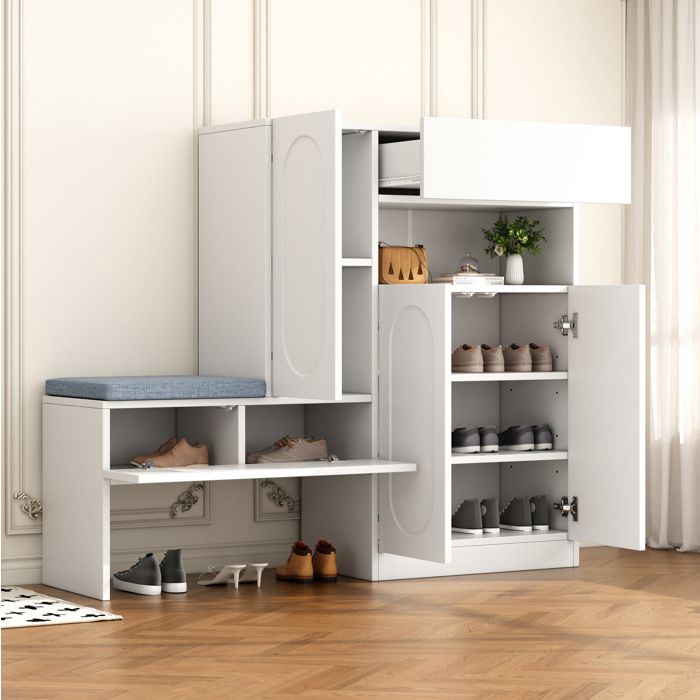 HOMVRA Meuble à chaussures 2-en-1 avec banc 130 x 35 x 110 cm portes soft-close blanc et gris