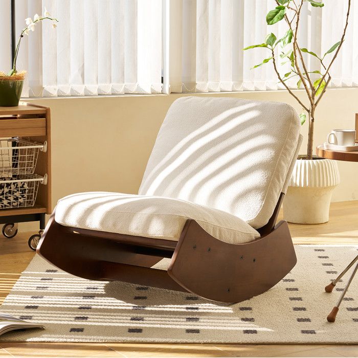 Fauteuil à bascule glider en bois massif et tissu côtelé blanc 89 9 x 61 5 x 71 9 cm