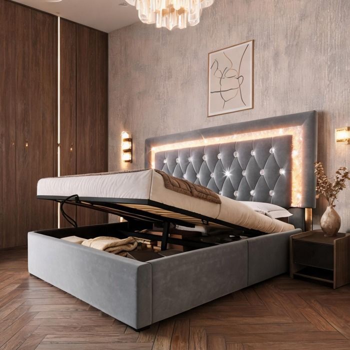 Lit double 160x200 cm en velours gris ardoise avec tête de lit réglable LED et rangement coffre hydraulique