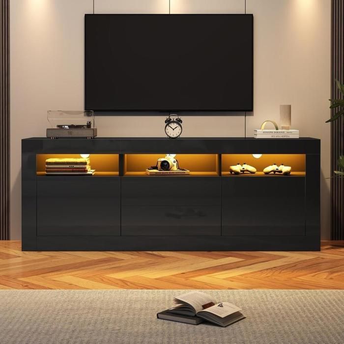 Meuble TV - KOMHTOM - 160x35x60 cm - 3 compartiments/2 portes/2 tiroirs - LED app Bluetooth - Brillant noir Meuble TV - KOMHTOM - 160x35x60 cm - 3 compartiments/2 portes/2 tiroirs - LED app Bluetooth - Brillant noir