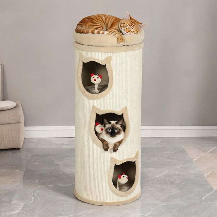 Tour à gratter tonneau crème en sisal et peluche – 3 refuges plateforme et jouets – Ø 38 x 96 cm