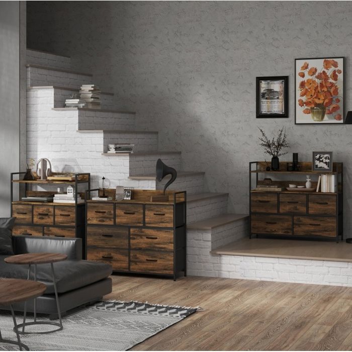 VUENOR buffet de rangement 98 x 29 x 85 cm marron et noir - 7 tiroirs en tissu style industriel
