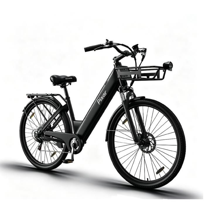 Vélo Électrique de Ville PIXAR C1-PRO Cadre Bas 36V 18Ah Autonomie 150km Freins Hydrauliques Shimano 7 Vitesses Couleur Noir