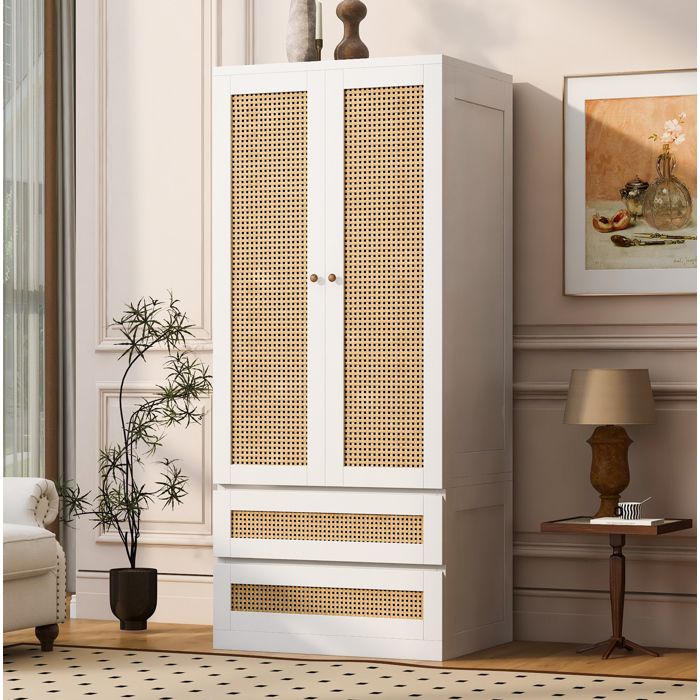 Armoire 2 Portes 2 Tiroirs et 1 Grand Compartiment en Aspect Rotin - BEAUNIV - Chambre Blanc 70×55×170 cm