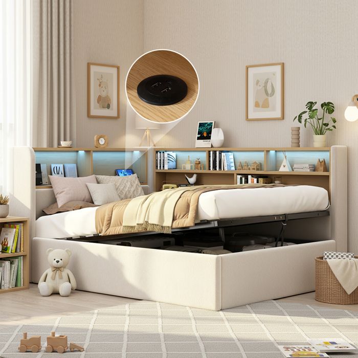Daybed 90x200cm Gris-coffre de rangement hydraulique éclairage LED intégré ports USB dossier confort idéal chambre denfant ou salon