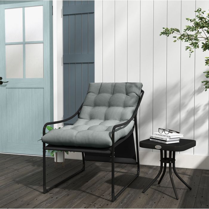 Fauteuil de jardin lounge gris avec coussin épais 10 cm structure acier thermolaqué 120 kg extérieur JOINERY