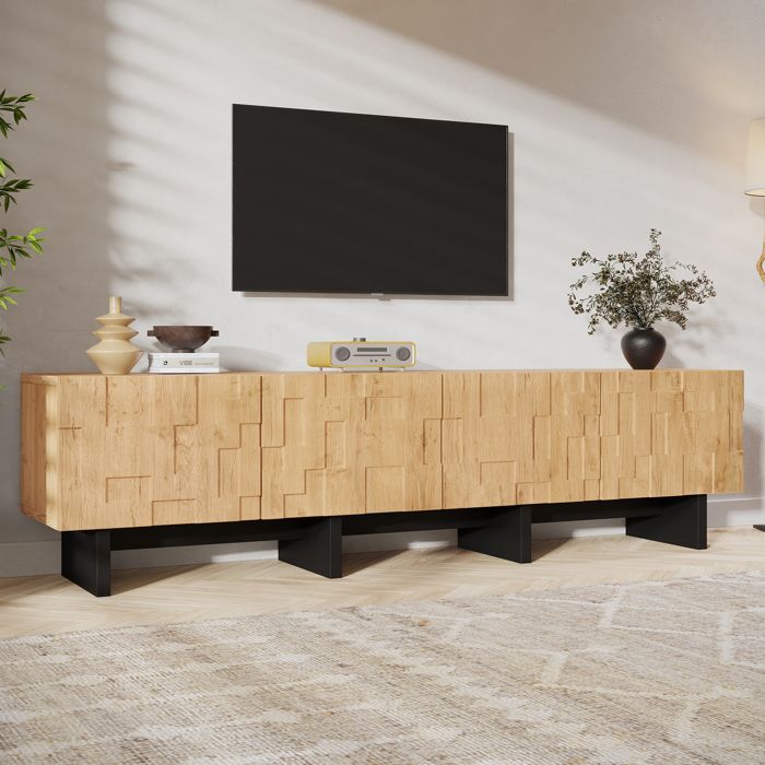 Meuble TV - avec 4 Portes en Relief 3D Rangement Push-to-Open - Effet Bois Naturel - jusquà 75 Pouces - 180 x 38 5 x 45 cm
