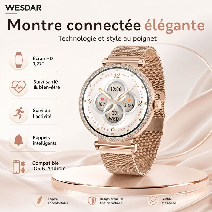 Montre connectée WESDAR Smartwatch BT appels cardio sommeil 16 sports notifications compatible iPhone/Android - Noir
