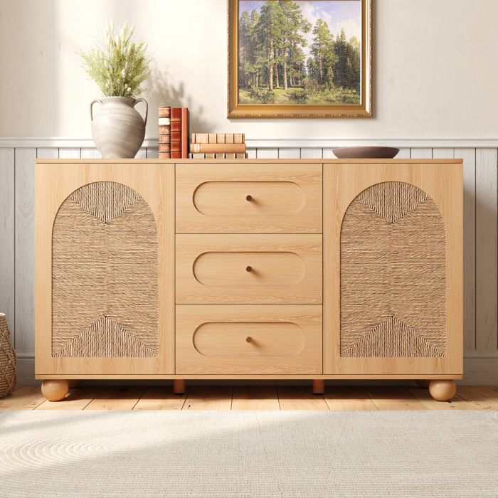 Buffet Bas de Salon - Vintage - avec 2 Portes en Corde Tressée 3 Tiroirs Pieds Boule en Pin - Meuble de Rangement