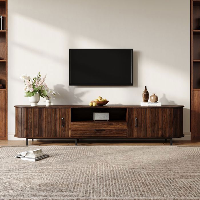 Meuble TV 180 cm en bois portes coulissantes tiroir et niches ouvertes façade rainurée meuble TV salon rétro