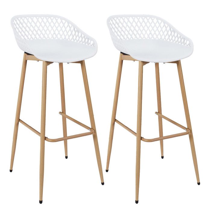 TRESSIE - Lot de 2 Tabourets Blancs Pieds Effet Bois Verni
