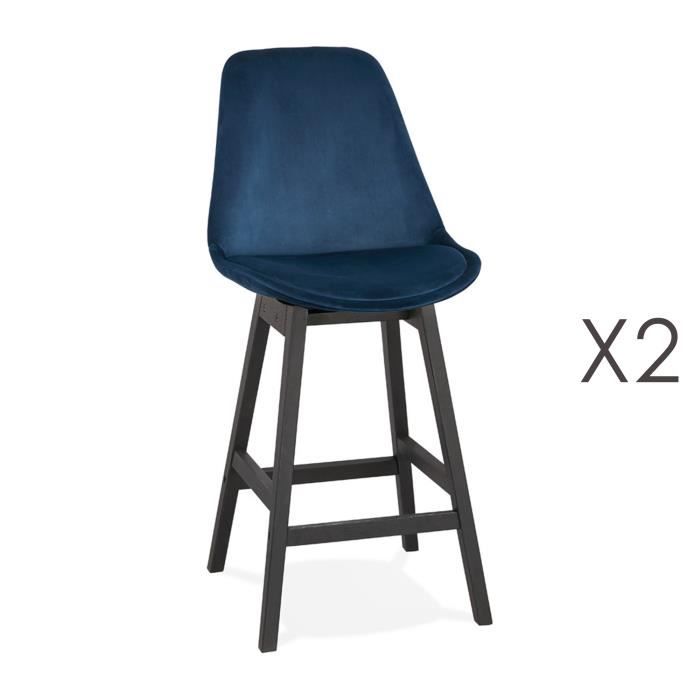 lot de 2 chaises de bar h66 cm en tissu bleu pieds noirs - elo