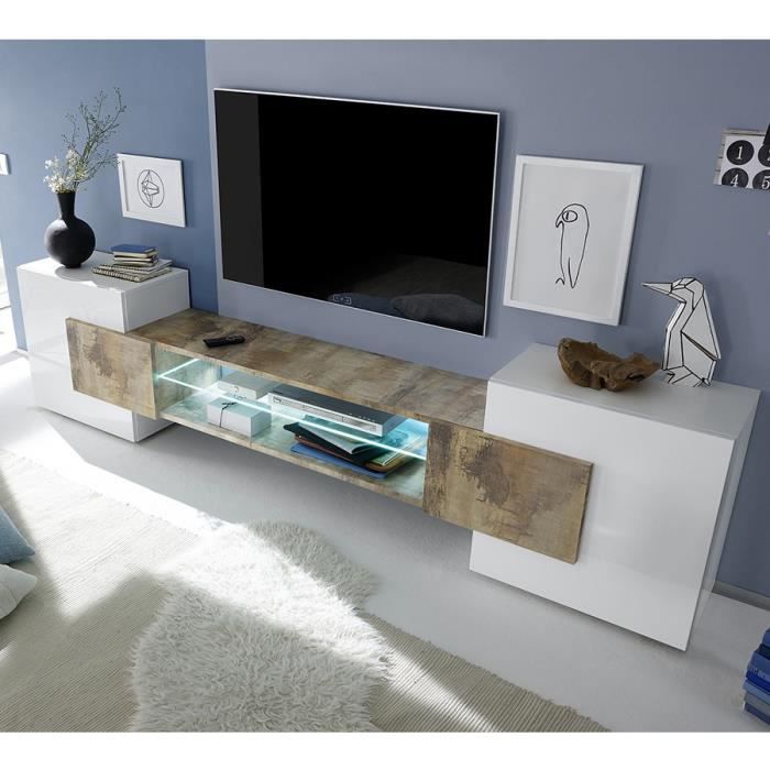 Meuble Tv Moderne Blanc Laque Brillant Et Couleur Bois Argos 2 L