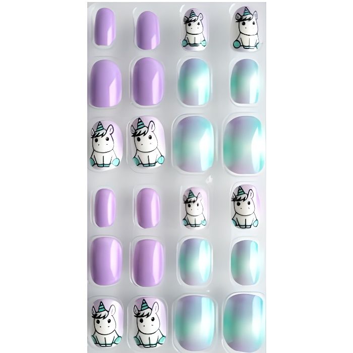 Lot De 24 Faux Ongles Autocollants Pour Enfants - Motif Licorne Arc-en-ciel, Multicolore, Neuf