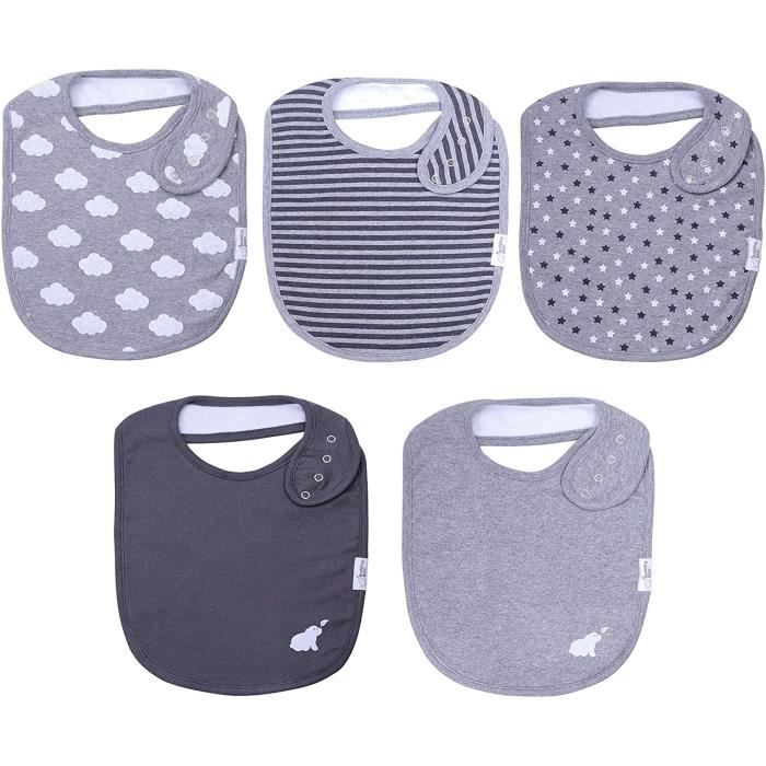 Lot Bavoir Bébé (5 pcs) - Grand Bavoir Coton Bio Doublé en Tissu Eponge  Ultra Absorbant - Gris - Budding Bear