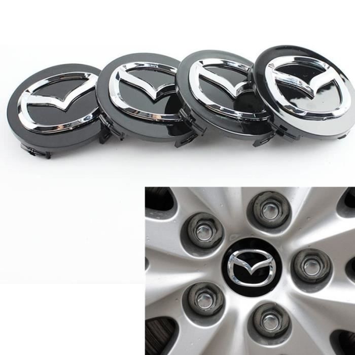 Lot de 4 cache-moyeux de roue Emblème Mazda 56 mm En alliage chromé et en noir