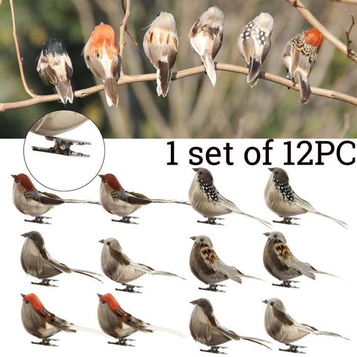 Lot de 12 oiseaux artificiels en plumes avec clip sur des oiseaux en mousse colorés pour loisirs créatifs, décoration de maison et de jardin