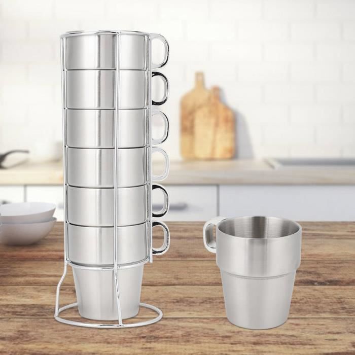 Lot De 4 Tasses à Expresso Empilables - Acier Inoxydable Double Paroi, Avec Support