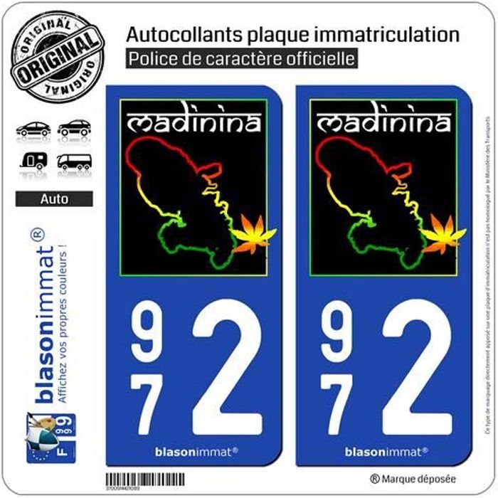 2 Autocollants plaque immatriculation Auto 972 Martinique - Madinina