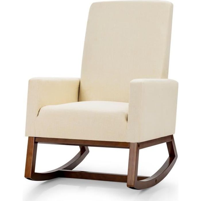 fauteuil à bascule moderne - costway - beige - pied en bois d'hévéa - siège rembourré - patins antidérapants
