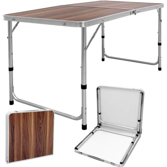 table pliante de camping barbecue pique-nique 120cm en aluminium décor bois