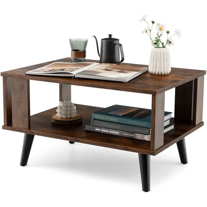 GOPLUS Table Basse en Bois Table Basse à 2 Niveaux avec Pieds de Soutien Rectangulaire Compacte Style Moderne pour Salon
