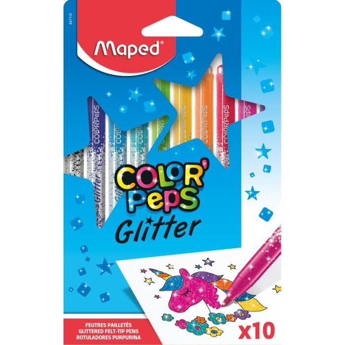 Maped - 10 Feutres de Coloriage Glitter Color'Peps - Feutres de Couleur avec Encre à Paillettes Effet Métallisé