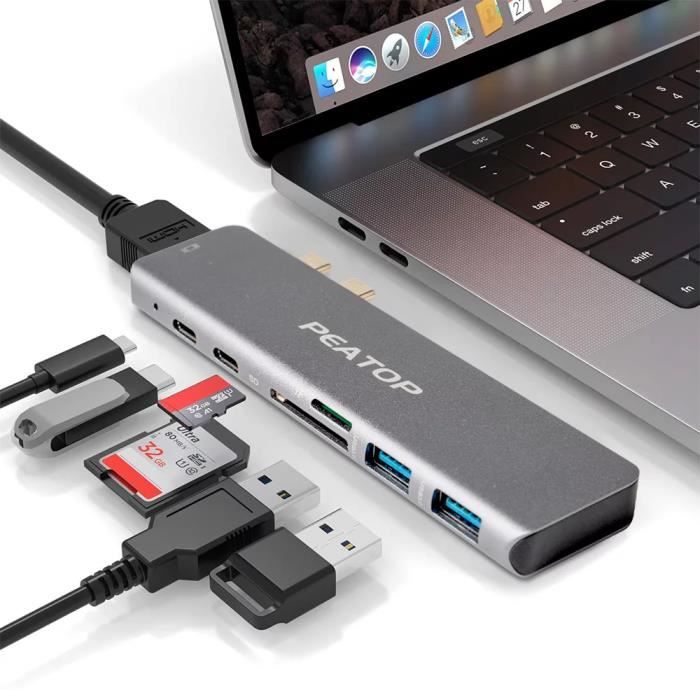 Adaptateur USB C Hub Multiport - 7-en - 1 adaptateur USB C Portable ,4K HDMI, 3 Ports USB 3.0, pour MacBook Pro,XPS & plus Type C