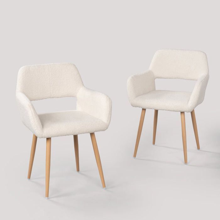 MEUBLES COSY Lot de 2 fauteuils de salle à manger scandinaves avec accoudoirs en tissu mouton bouclette beige - CROMWELL