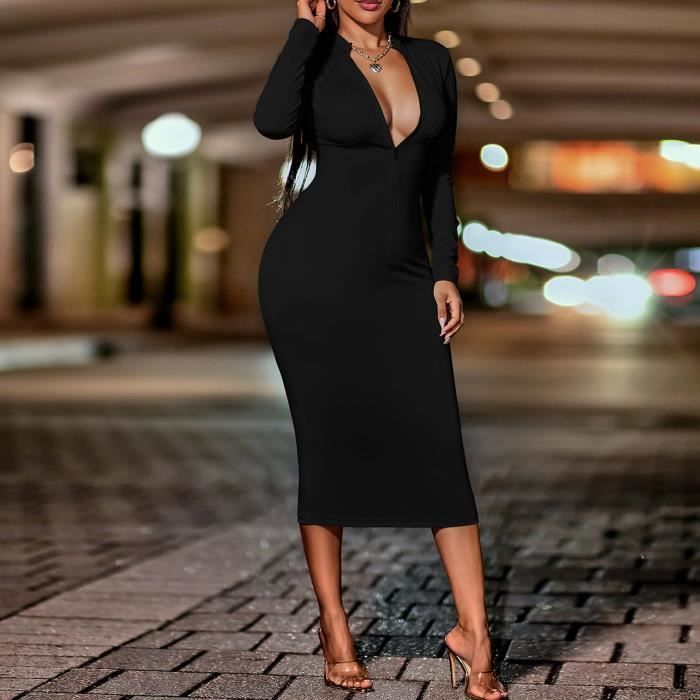 Garosa Robe moulante a manches longues avec fermeture eclair sur le devant Robe moulante a manches longues et lingerie robe Black Cdiscount Pret a Porter