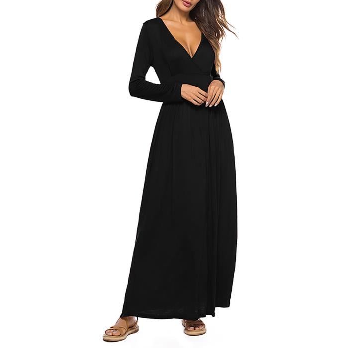 AmzBarley Robe de Soiree Manches Longues Femme Longue Col V Robe Longue Decontractee Ample de Couleur Unie Noir Cdiscount Pret a Porter