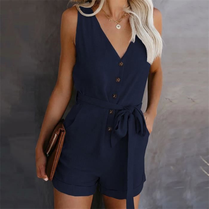 Combinaison d ete taille haute a col en V bleu GJ Bleu Cdiscount Pret a Porter