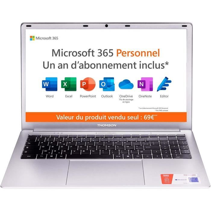 Ordinateur PC Portable Thomson 15,6 Pouces Full HD, Celeron N4020, 4Gb RAM, 128Gb Stockage, Windows 10 & Office 365 1 an, AZERTY, No
