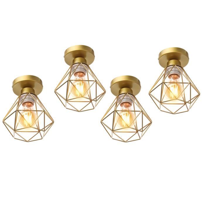 UNI 4PCS Plafonnier Cage Diamant E27 16cm Rétro Industrielle Lustre Suspension pour Couloir Escalier Chambre Doré
