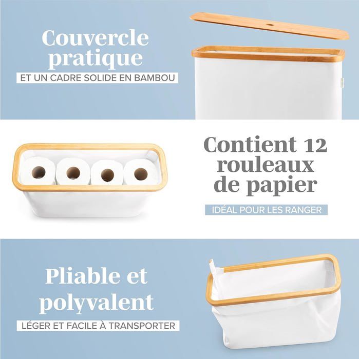 Boîte De Rangement Pour Papier Toilette En Bambou 28L - Couvercle En Bambou - Étanche - Pour 9 à 12 Rouleaux - Gris - 13