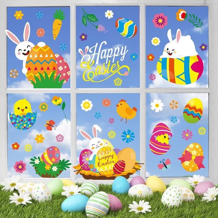 Stickers Fenêtre Pâques - 70 Autocollants électrostatiques Réutilisables - Œufs, Fleurs, Papillons