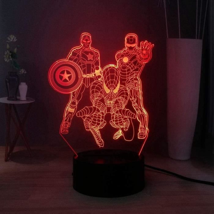 Marvel Avengers Acrylique 3d Lampe Super Héros Illusion Nuit Lumière Iron  Man Spider Man Captain America Équipe Led Lampe de Table Kid Cadeau