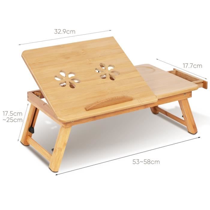 Table De Lit Portable Bambou Réglable - Plateau Ordinateur Avec Tiroir Et Pieds Pliables