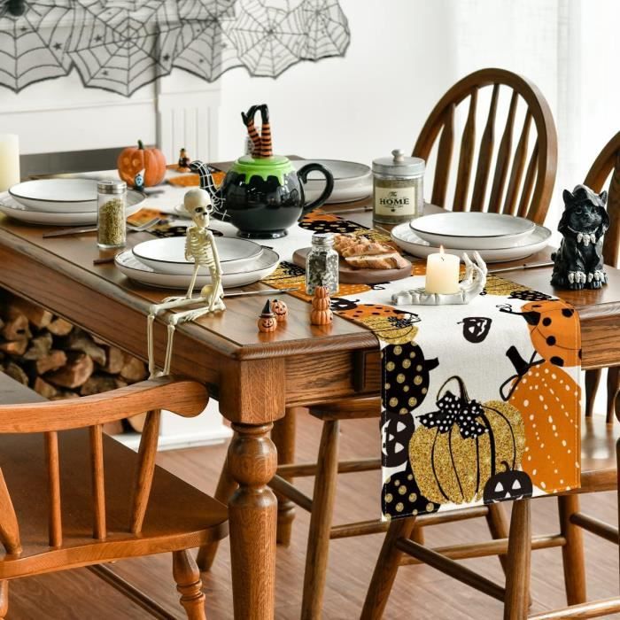 Chemin De Table Halloween 35x180cm – Lin Lavable, Motifs Citrouille, Chauve-souris, Fantôme, Toile D'araignée