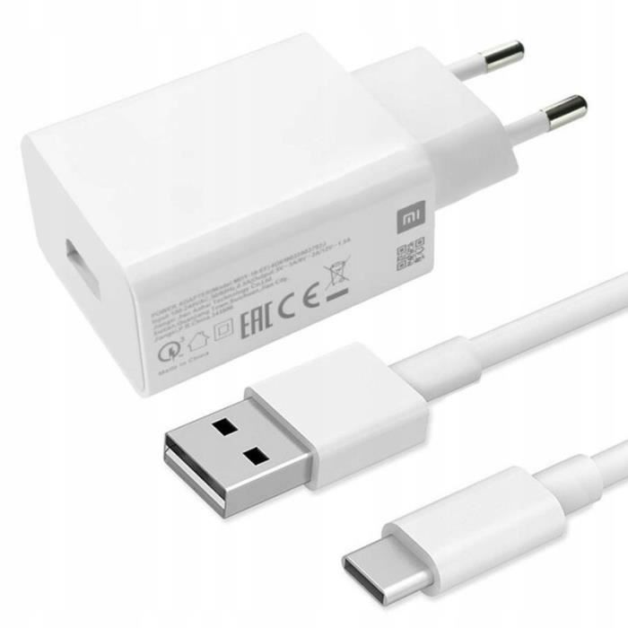Chargeur secteur Xiaomi Original (18W) + Câble USB type C - Blanc - Français