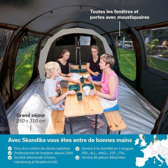 Tente Tunnel Skandika Gotland 4P – 14m², 210cm De Haut, 4 Arceaux, 3 Entrées, Moustiquaires, Colonne D'eau 5000mm