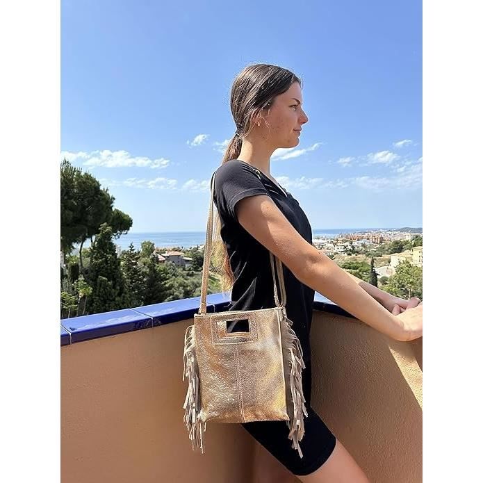 DHDB Sac a Main Femmes Cuir Italien a Franges Bandouliere Porte Main Porte Epaule Alba Dore Brillant