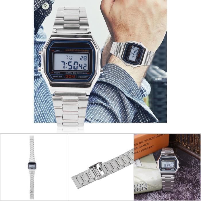 Montre Digitale Rétroéclairage LED - Bracelet Acier Inoxydable, Unisexe, étanche 30m