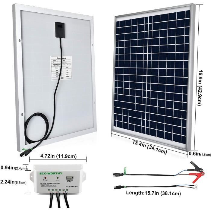 ECO-WORTHY Kit Solar 25W 12V: 1 Panel Solar 25W + 2 Cables de