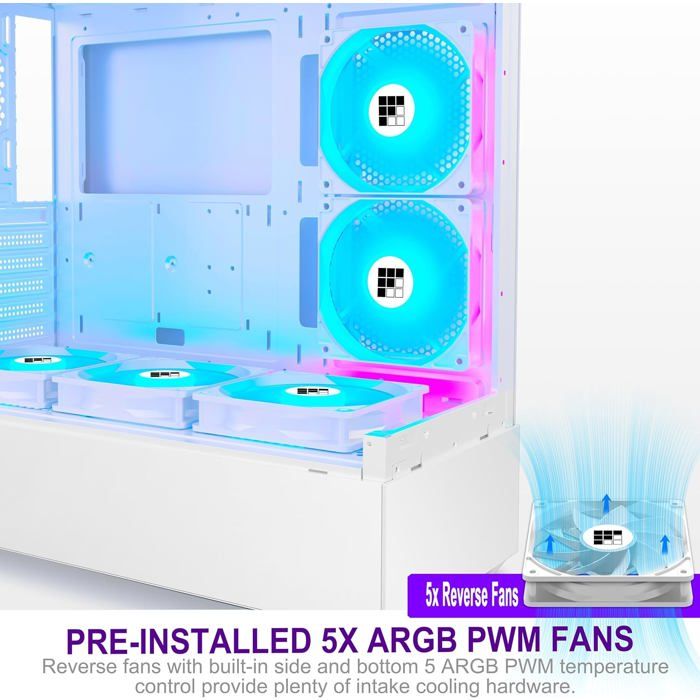 Boîtier PC MUSETEX GR3 - Montage Vertical GPU Direct, 5 Ventilateurs ARGB Préinstallés, Verre 270°