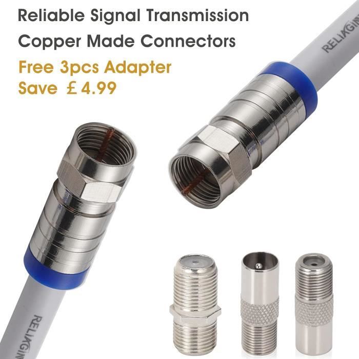 Câble TV 20 M Mâle-mâle RG6U - Avec Accessoires - Pour Connexion Antenne, Décodeur, TV