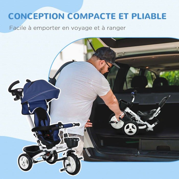 HOMCOM Tricyque Enfant évolutif 6-en-1 Pliable – 1-5 Ans, Poignée Parentale, Siège Réversible, Capote UV, Harnais 5 Points, Paniers, Rose